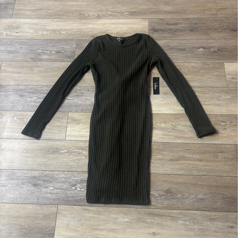 Lulus Bodycon Sweater Dress Sz M Olive Ribbed Twist Back Date Party Holiday NWT